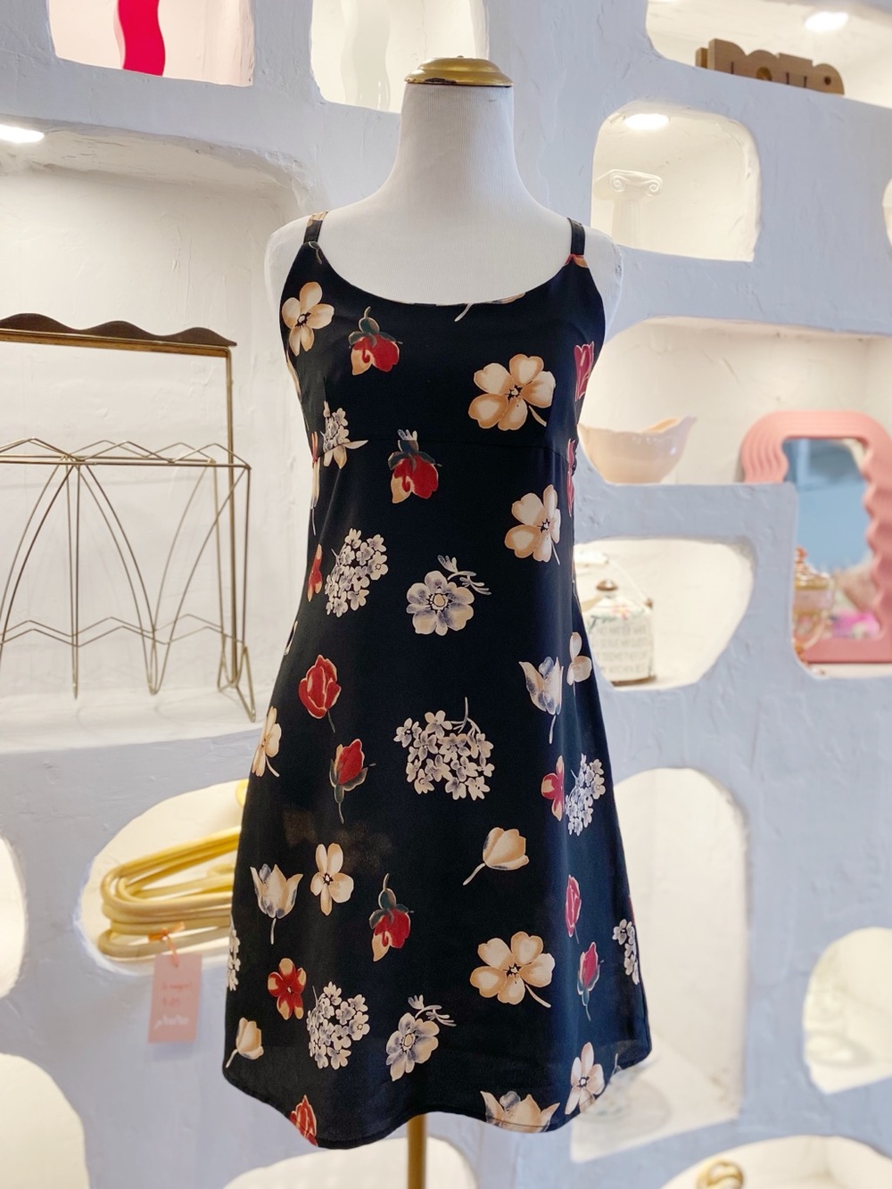 90s Vintage Black Floral Mini Dress with Ties Red White and Blue Flowers